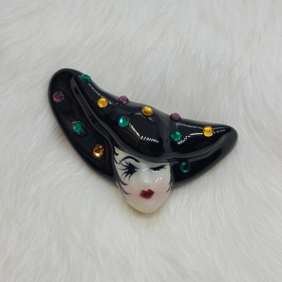 Vintage Fancy Faces Brooch Pin Handpainted Porcelain Mask with Rhinestones - Picture 2 of 5